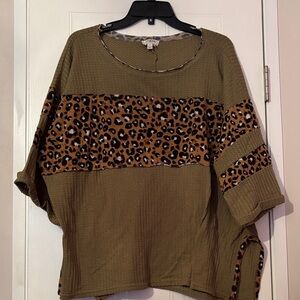 Umgee Olive and Leopard Print Sweatshirt